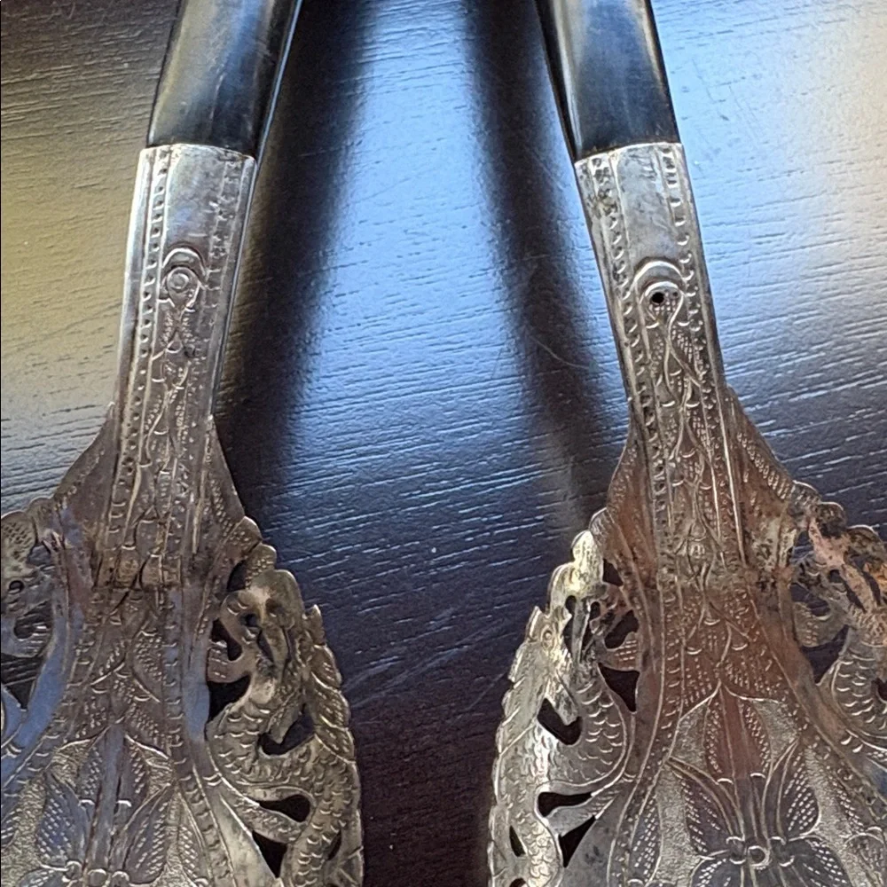 Vintage Serving Set - wood and metal, floral filigree